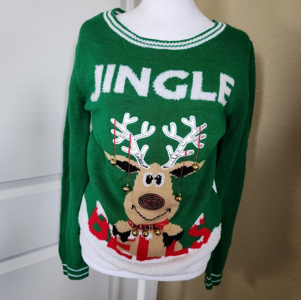 Juniors Christmas Sweater Reindeer Bells Sequence,  Size Large 11-13